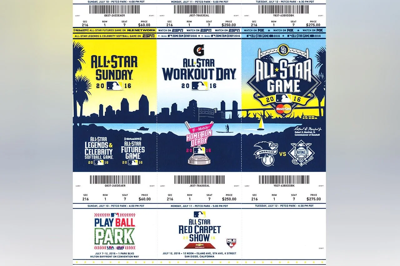 Ticket stubs from 2016 MLB Futures Game Home Run Derby All-Star Game